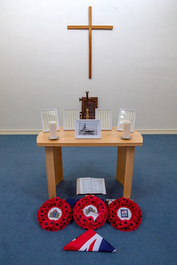 The small shrine established in the chapel at Faslane to honour HMS Royal Oak's crew