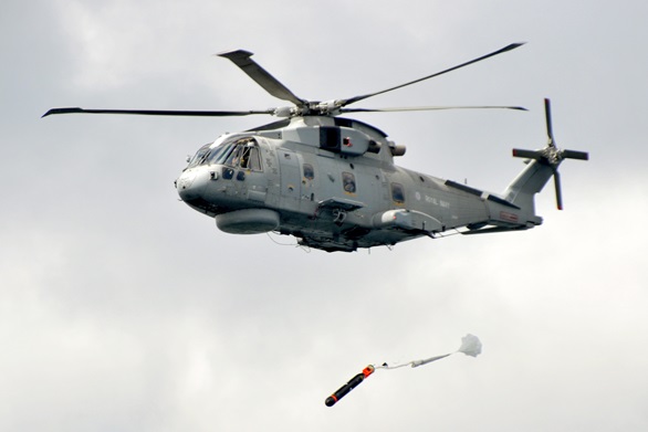 Torpedo away! A Merlin Mk2 launches a Sting Ray torpedo into Falmouth Bay