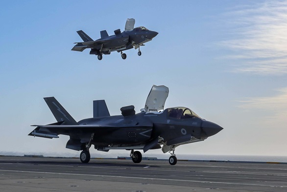 F35-B Lightning jets have embarked on HMS Prince of Wales, one of the Royal Navy’s Queen Elizabeth class aircraft carriers.