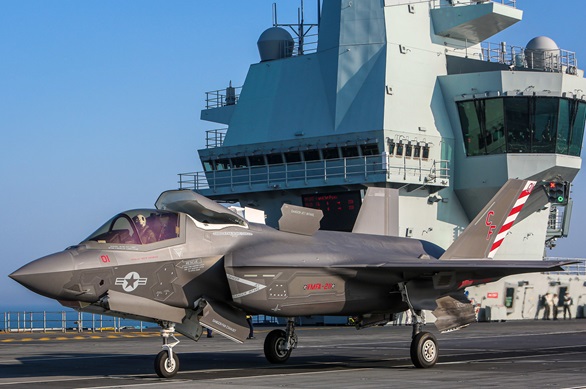 An F-35B Lightining of Marine Fighter Attack Squadron-211 (The Wake Island Avengers) aboard HMS Queen Elizabeth