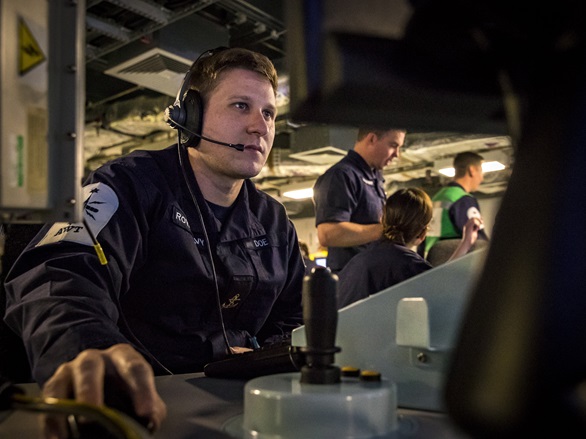 Above Water Warfare Specialist LS Doe during an air defence exercise on HMS Queen Elizabeth in 2018